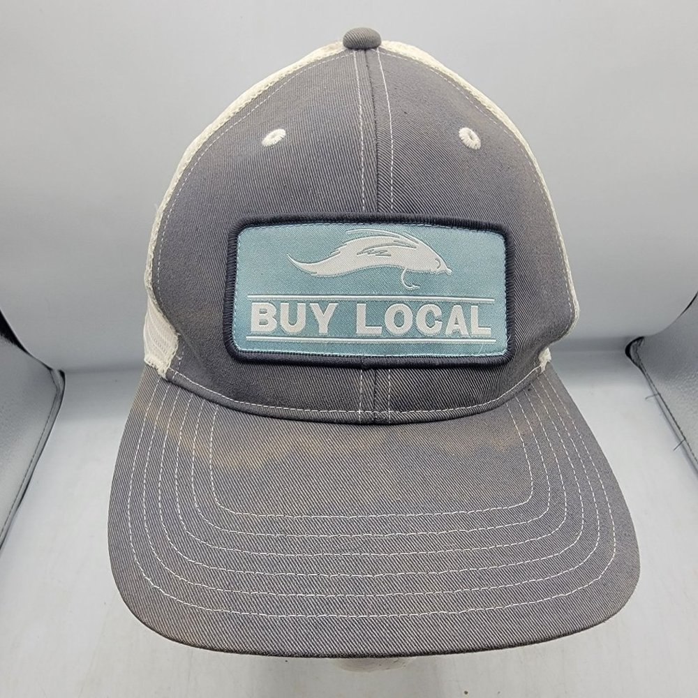 Simms Buy Local Fishing Products Patch Trucker Cap Hat Grey SnapBack Gray